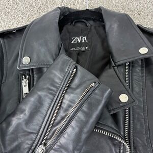 Zara Womens Black Faux Leather Moto Biker Jacket Size S Small Zippers Y2K Belted